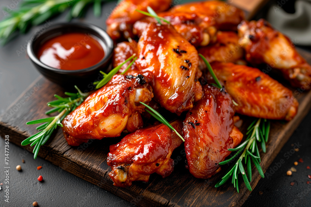 Chicken wings with red chili sauce and rosemary