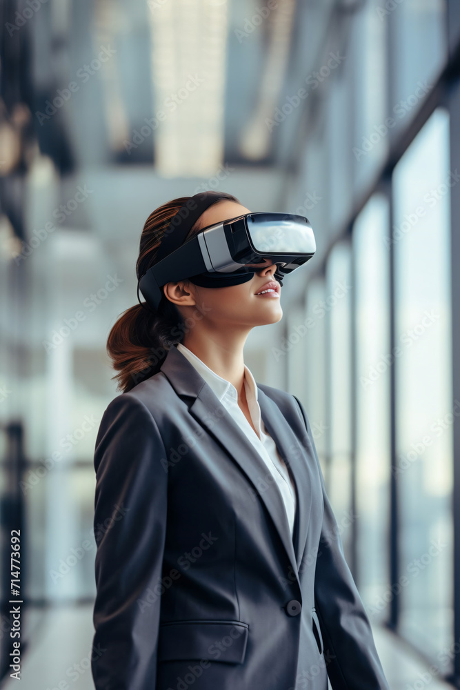 Женщина в очках VR-гарнитуры, в офисе Женщина в очках VR-гарнитуры, в офисе