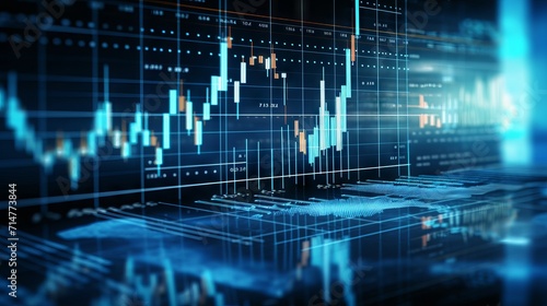 Business analyst examining financial data and stock market trends on blue graphs and charts