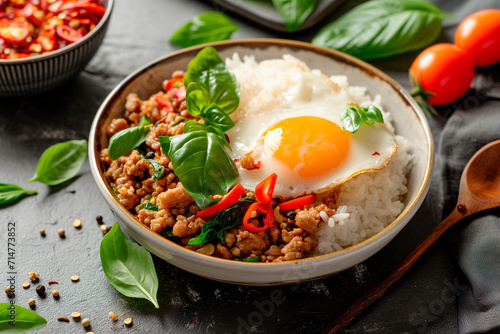 basil minced pork with rice and fried egg