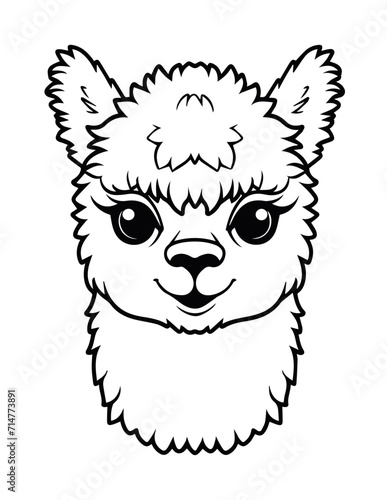 Cute alpaka portrait, vector lineal illustration. Coloring page for kids