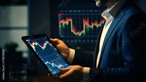 Business analyst using tablet to study financial graphs, stock market data, and economic growth charts on virtual screen photo
