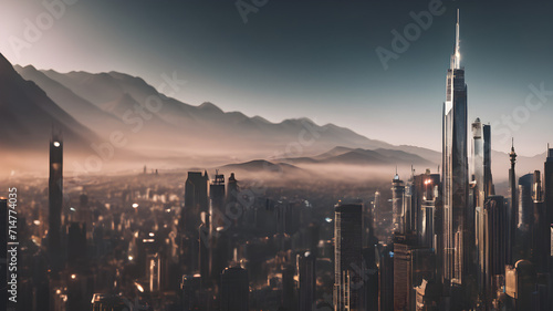 Mountain Majesty Meets Urban Glow: Shanghai's Skyline at Sunset with a Mountainous Sunrise Backdrop