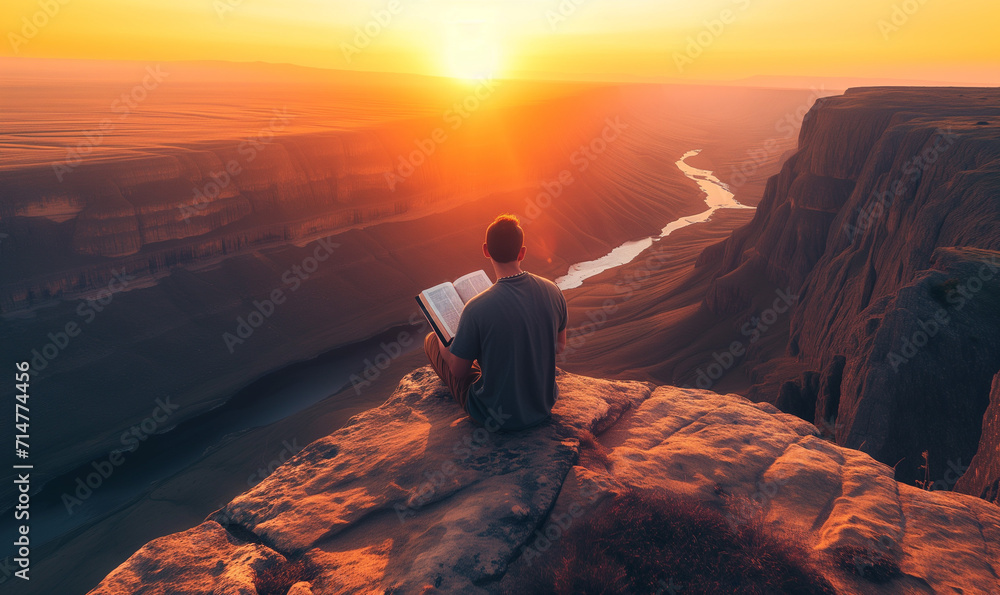 Man Reading Studying Bible Book Mountain Landscape - obrazy, fototapety, plakaty 