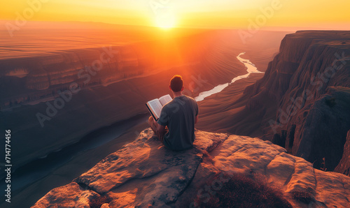 Man Reading Studying Bible Book Mountain Landscape photo