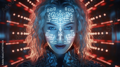 portrait of futuristic teenage girl with neon geometric shape as barcode grid on her face,humanoid technology