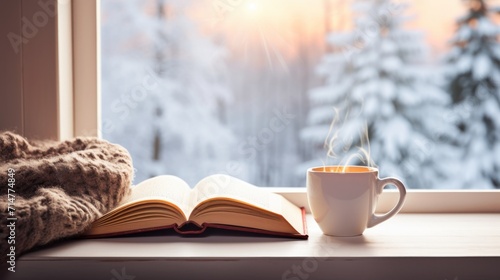 Cup of hot coffee and open book on windowsill in winter Generative AI