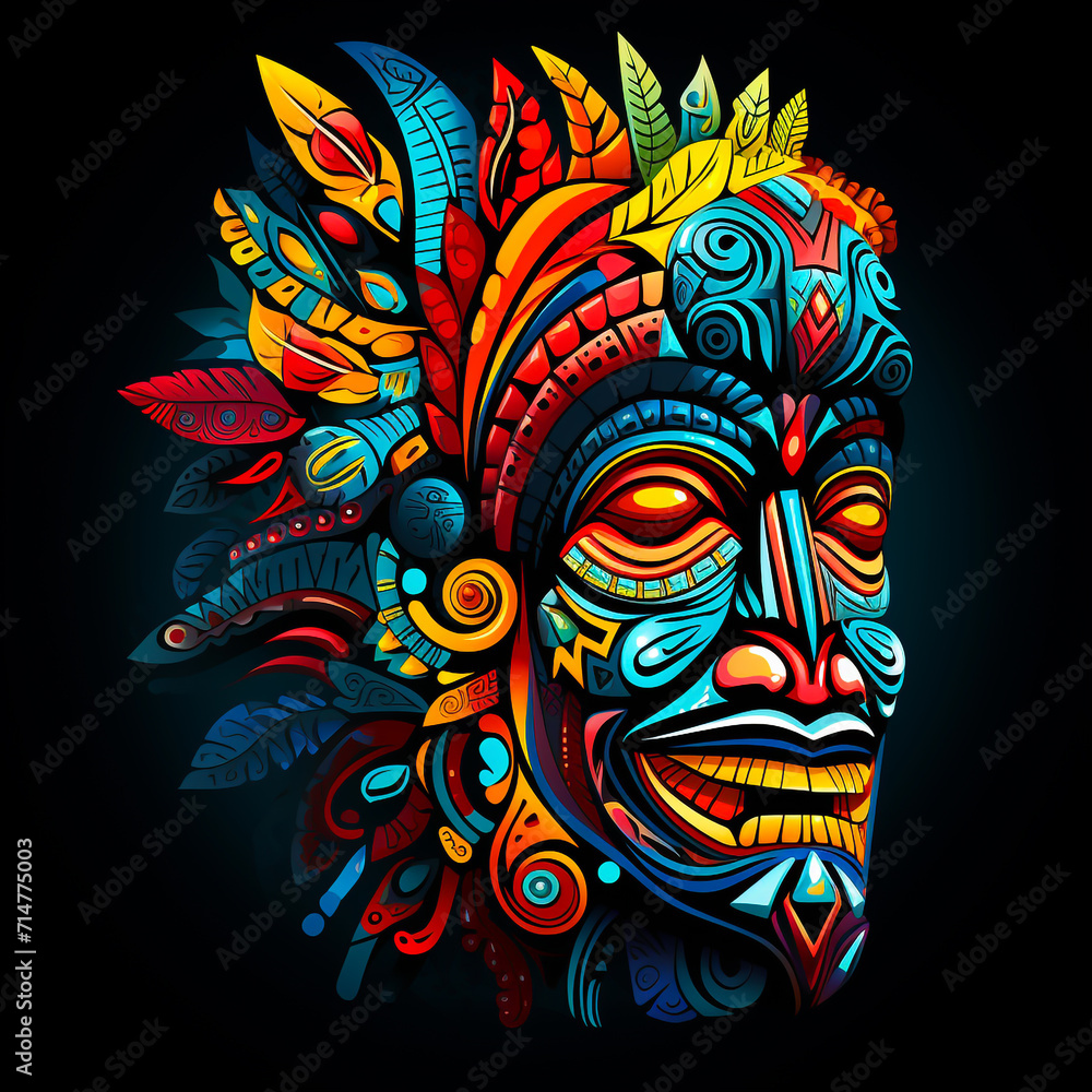 tribal mask symbol For performing evil spirit rituals, traditional tribal ritual masks. Totem head with colorful feathers.