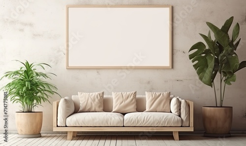 Blank horizontal poster frame mock up in Scandinavian style living room interior, modern living room interior background.Generative AI