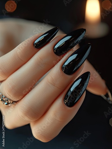 Manicure on female hands with black nail polish.Generative AI