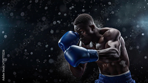 African boxing player in action and motion on dark background.Generate AI © ZzGooggiigz