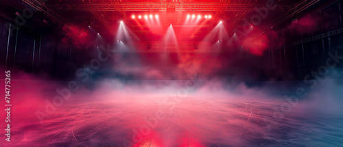 Red Ice Rink Background. Professional Arena illuminated red neon lights, spotlights with smoke. Copyspace. Winter poster for hockey competitions. Ice skating. Stadium. Generative ai	 photo