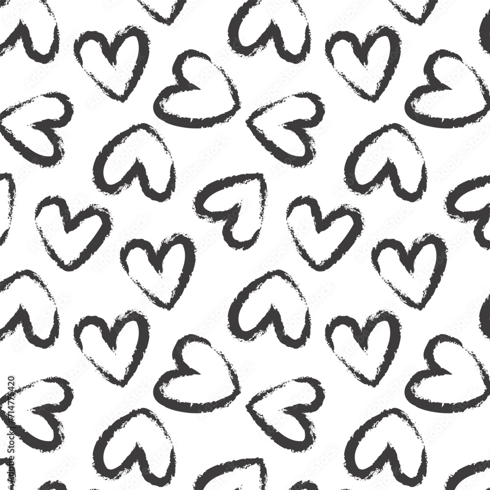 Heart seamless pattern. Black and white ink brush hearts hand drawn ornament. Romantic figures vector illustration. Monochrome freehand dry paint brush stroke shapes. Heart seamless pattern. Black and white ink brush hearts hand drawn ornament. Romantic figures vector illustration. Monochrome freehand dry paint brush stroke shapes.