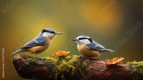 Two little nuthatch birds sitting on a branch with autumn leaves Generative AI