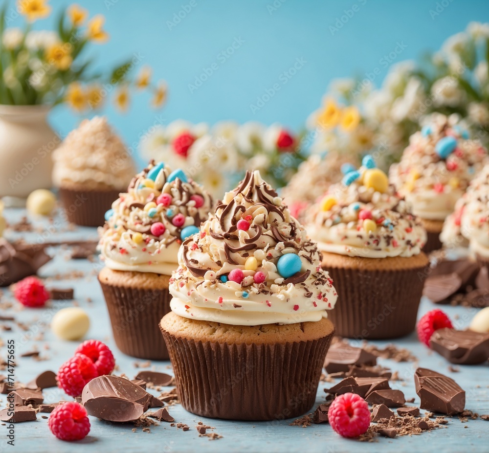 Cupcakes decorated with chocolate and sprinkles on a blue background
