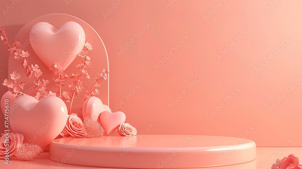 Minimal valentine's day background, mock up with podium for product display in peach fuzz color - AI Generated Minimal valentine's day background, mock up with podium for product display in peach fuzz color - AI Generated