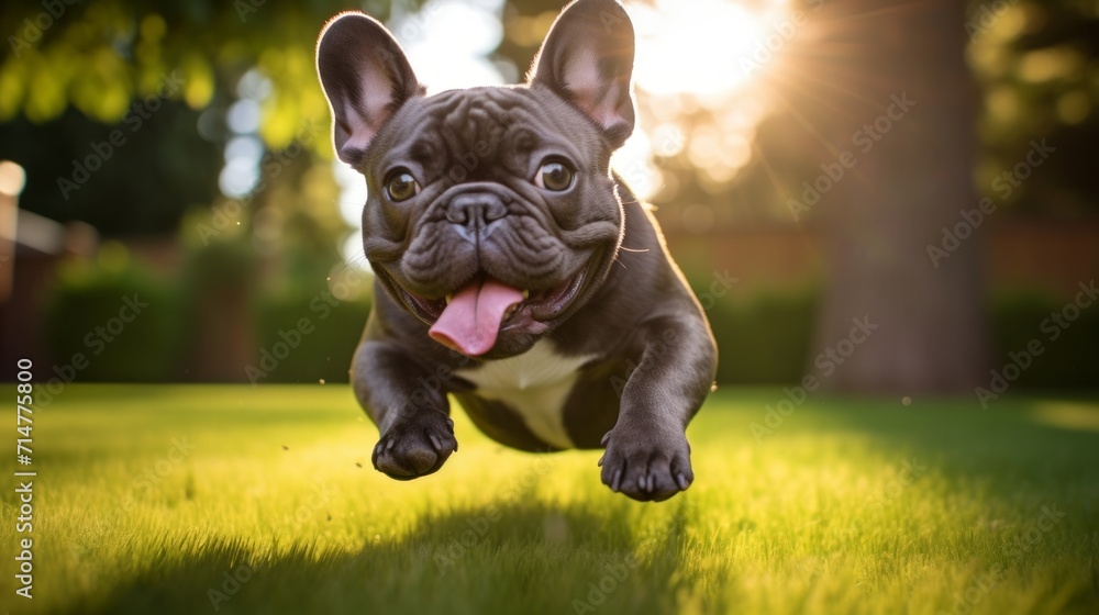 Funny french bulldog puppy running on green grass at sunset. Generative AI