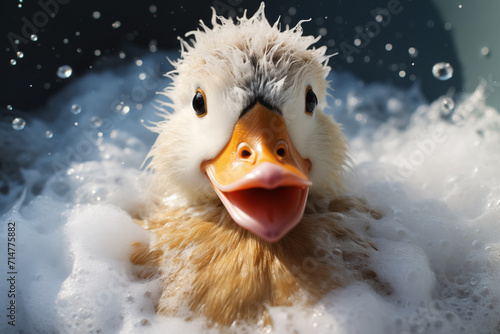 Ente hat Spaß beim plantschen und baden in der Badewanne mit ganz viel Schaum