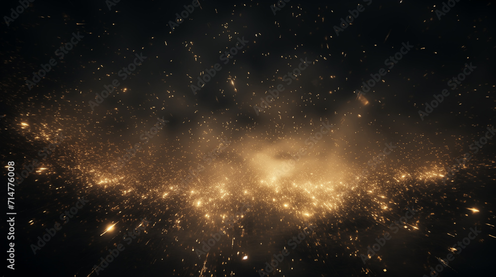 Obraz premium Particules scintillantes et brillantes volant sur fond sombre, noir. Lumière orangée, étoile, paillette dorée et flou. Cosmos, univers, espace. Fond pour bannière, conception et création graphique. 