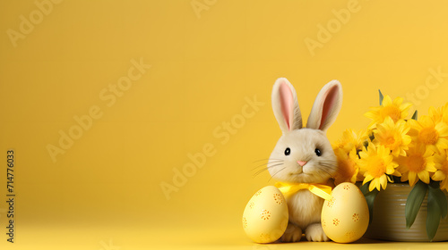 Easter bunny with two yellow Easter eggs next to a pot with yellow flowers on a yellow background. Easter holiday concept. Copy space for text.
