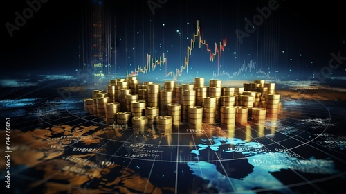 Currency exchange and money transfer concept with world map and banknotes of different currencies with graph background