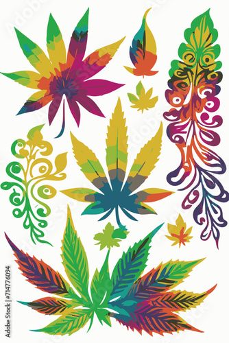 Psychedelic Greens  Elevate Your Style with this Cannabis-Inspired Sticker Set  Featuring Rainbow Leaves and Springtime Blossoms.