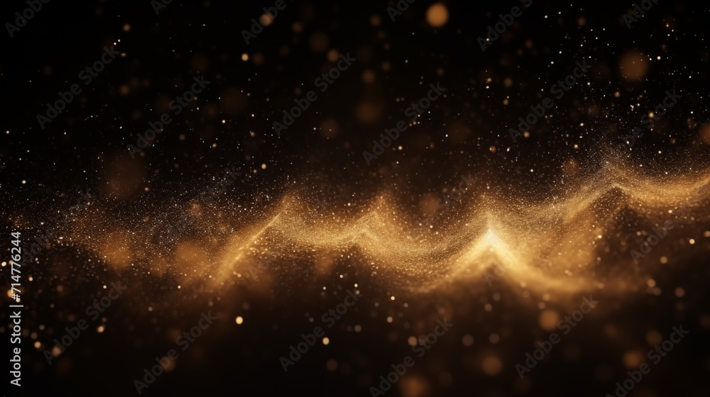 Obraz premium Particules scintillantes et brillantes volant sur fond sombre, noir. Lumière orangée, étoile, paillette dorée et flou. Cosmos, univers, espace. Fond pour bannière, conception et création graphique. 
