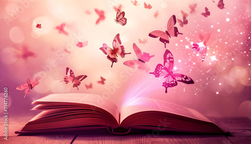 Open book with magic light and glowing butterflies flying out of it on wooden table against light pink bokeh background