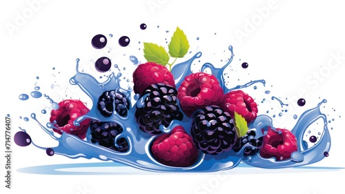 Mixed berry fly with splash cutout minimal isolated on white background. Fresh blueberry falling  closeup. Summertime concept for package  grocery product advertising. Realistic  icon  detailed.