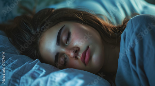 Young woman peacefully sleeps in bed 