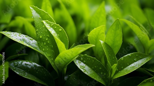 Green tea leaves with dew drops close up. Nature background. Generative AI