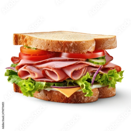 Open sandwich with ham cutout minimal isolated on white background. Template realistic sandwich, icon, detailed. Grocery product advertising. Homemade sandwich close up.
