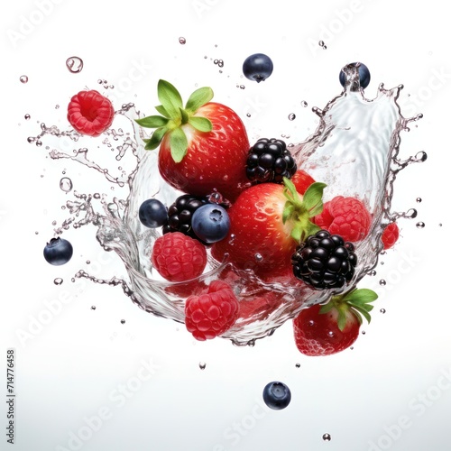 Mixed berry fly with splash cutout minimal isolated on white background. Fresh blueberry falling, closeup. Summertime concept for package, grocery product advertising. Realistic, icon, detailed.