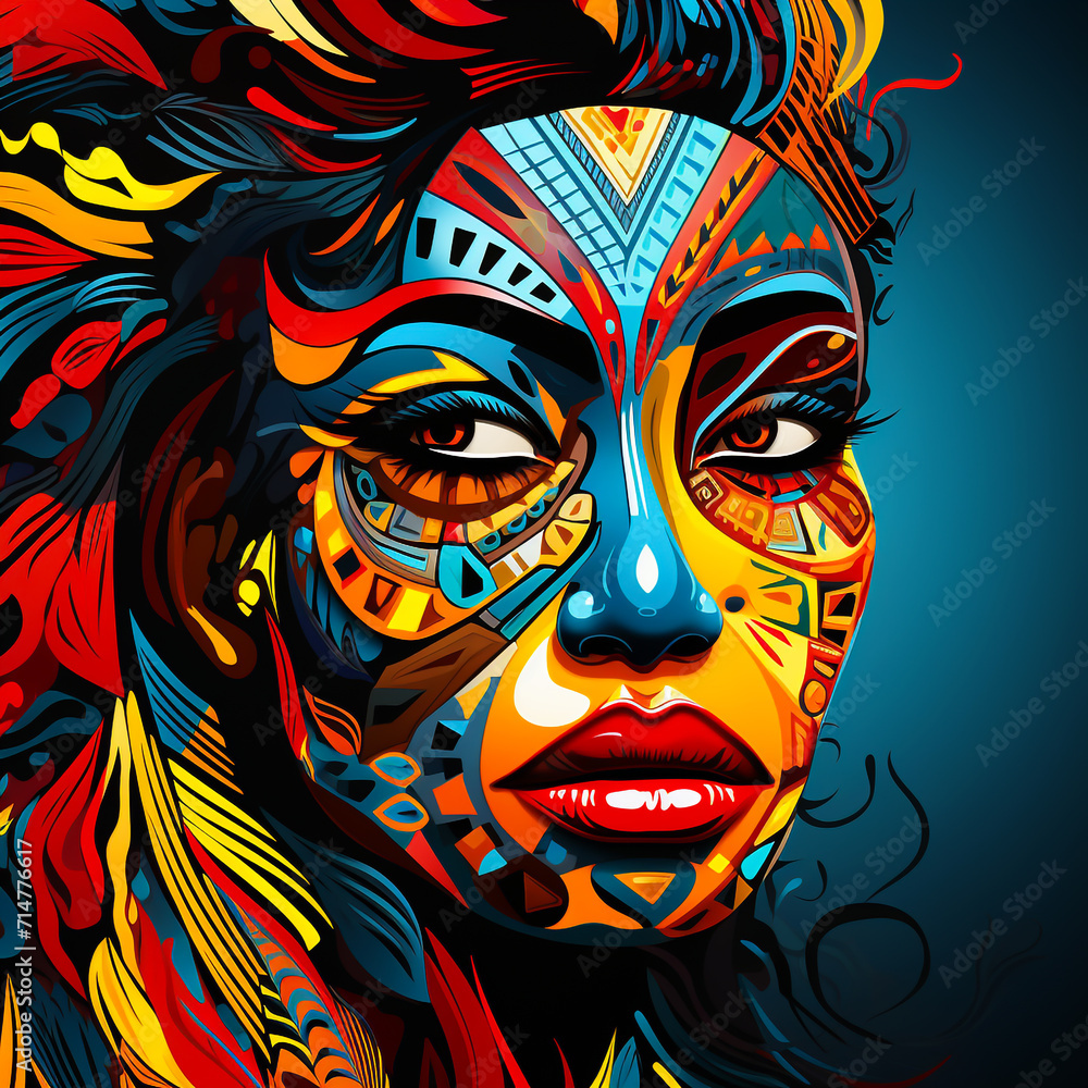 Tribal women's faces are decorated with unique, bright colors. Exotic tribal masks. Traditional tribal masks with decorative ornaments Peel off tattoos and colorful jewelry. Tribal women's faces are decorated with unique, bright colors. Exotic tribal masks. Traditional tribal masks with decorative ornaments Peel off tattoos and colorful jewelry.