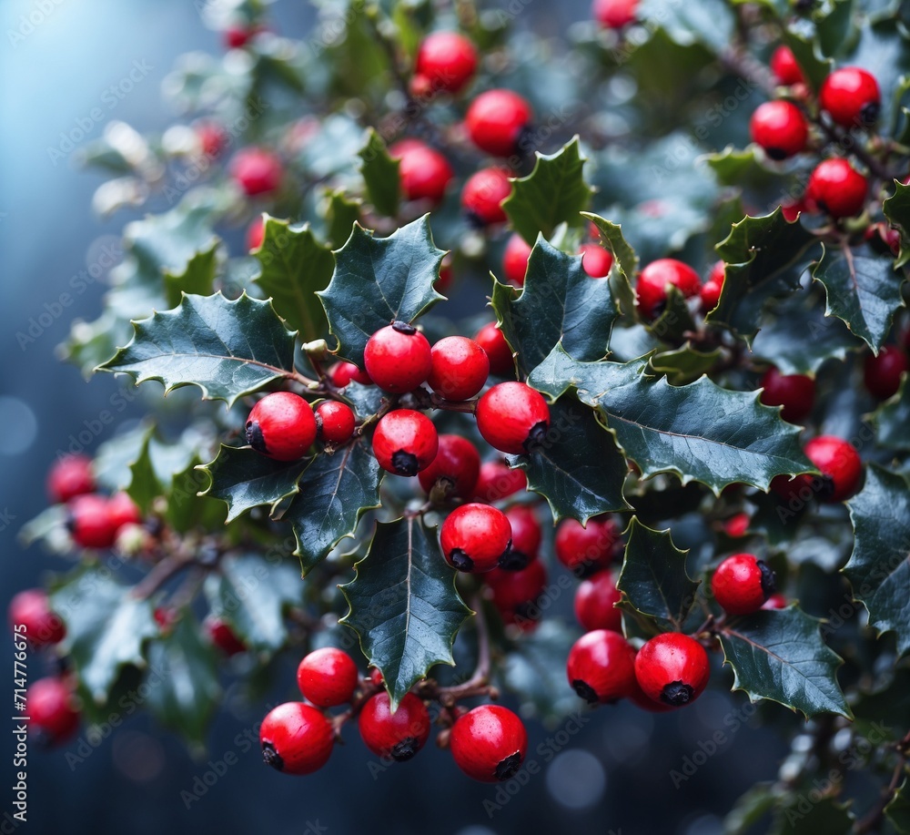 Holly berries on a branch with green leaves on a dark background Holly berries on a branch with green leaves on a dark background