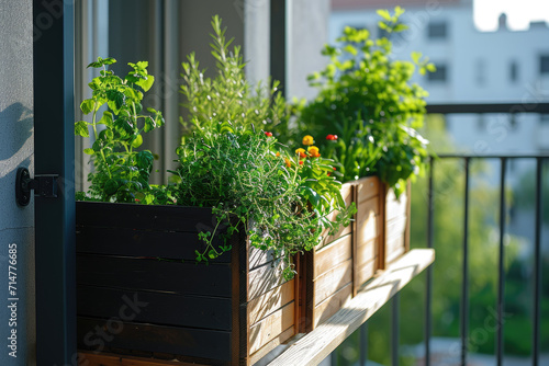 Bright Balcony Garden Boxes with Herbs and Flowers © nialyz