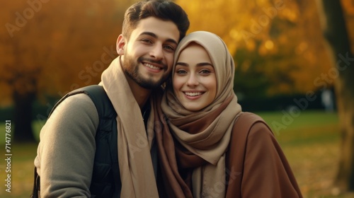 Portrait of happy muslim couple embracing each other in autumn park Generative AI