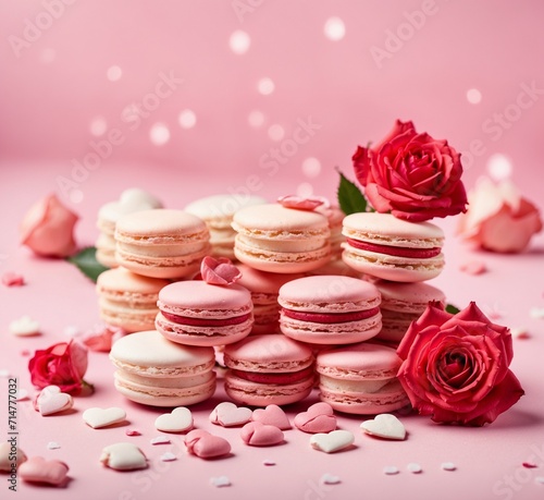 Tasty macaroons and roses on pink background, closeup