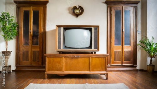 vintage television on wooden antique closet old design in a home sony trinitron kv 21m3