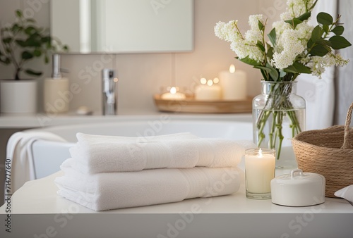 Rows of neatly arranged white towels in a hotel, creating a clean and inviting atmosphere.