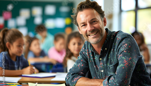 Portrait of smiling male teacher in a class at elementary school looking at camera with learning students on background photo