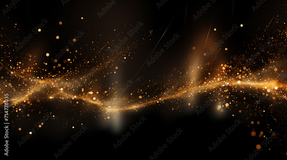 Waves of shimmering gold particles with wave-like shapes. Isolated on a black background. Created with Generative AI.