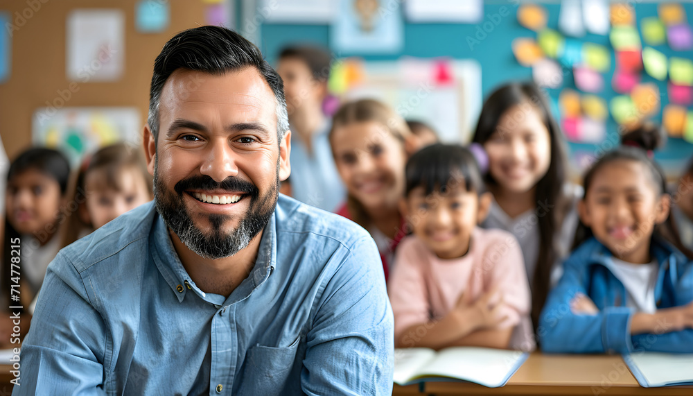 Portrait of smiling male teacher in a class at elementary school looking at camera with learning students on background - obrazy, fototapety, plakaty 
