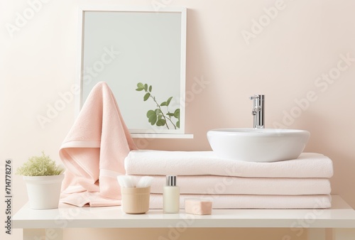 An arrangement of herbal bags and beauty treatment items displayed on a white wooden table in a spa setting.