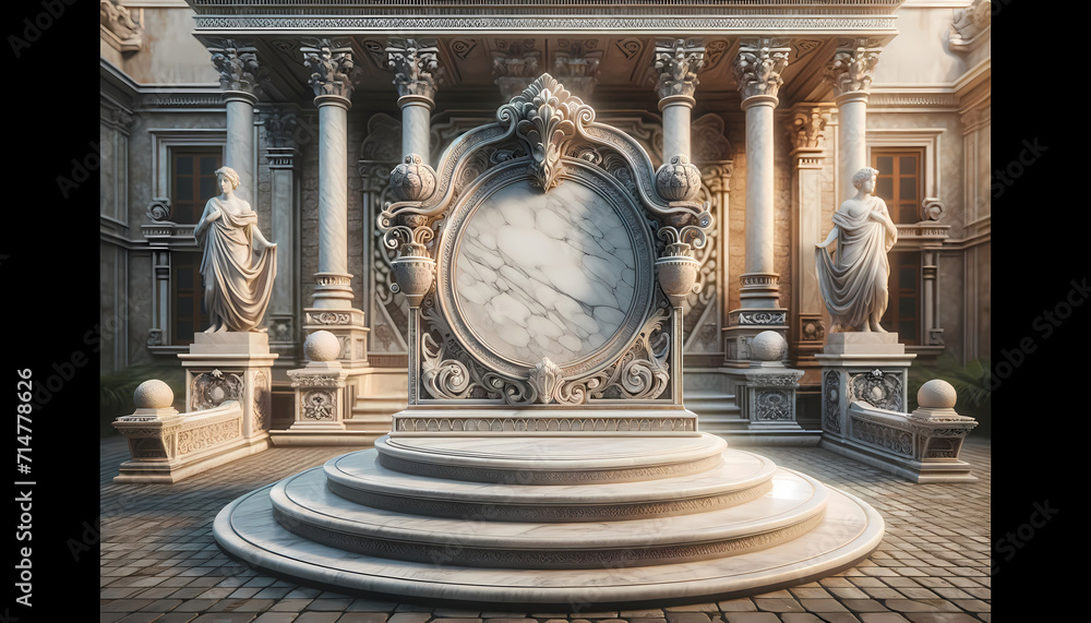3D rendering of an ancient palace with a large mirror on the floor and a glossy luxury podium
