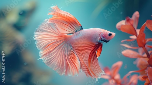 Peach Fuzz color Siamese fighting fish (Rosetail) ,on ฺnature background - AI Generated photo