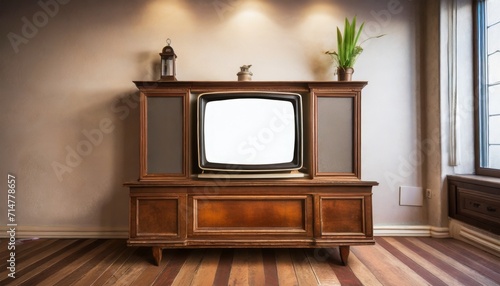 antique tv with white screen on antique wooden cabinet vintage design in 80s and 90s style house