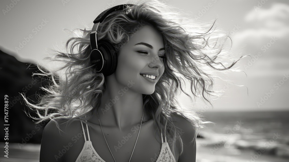 a beautiful attractive woman enjoy listening music summer day on beach, black and white photo, headphone