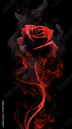 Red rose with smoke isolated on black background, close-up.