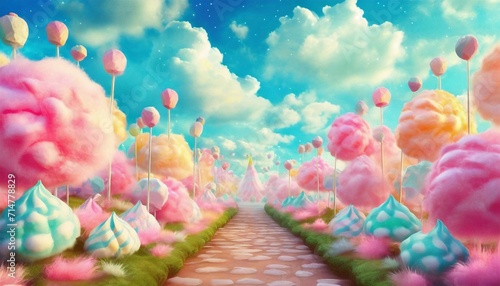 a fairy tale landscape full of sweets candies and cotton candy creates a whimsical and fantastical scene 